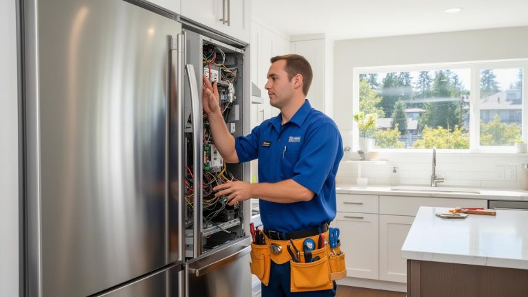 A professional appliance repair worker is fixing a freezer.