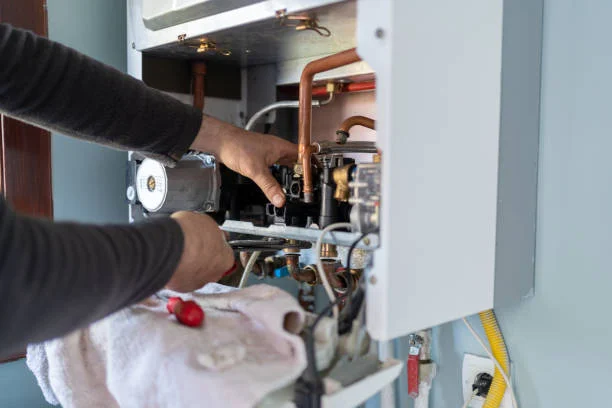 A Pro Appliance Technician is fixing a gas boiler in a residential setting, demonstrating expertise in appliance repair.